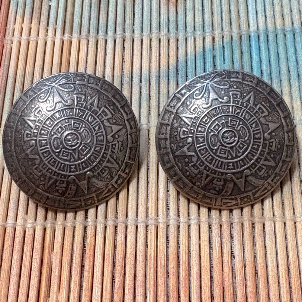 925 Sterling Silver Vintage Mexico Mayan Calendar Clip On Earrings